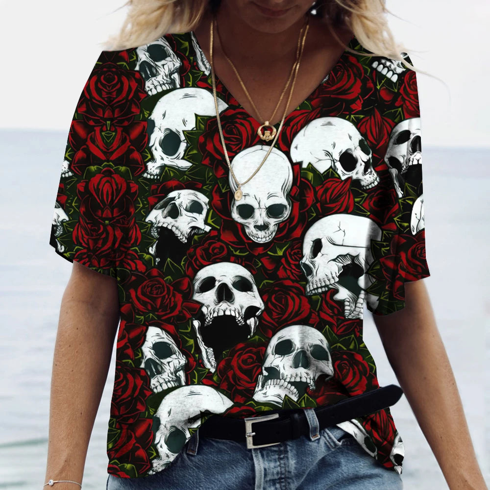 Skulls T-shirt Women's Shirt Fashion Short Sleeve New Casual Top Tee Ladies Girl Clothing V Neck T Shirt For Women