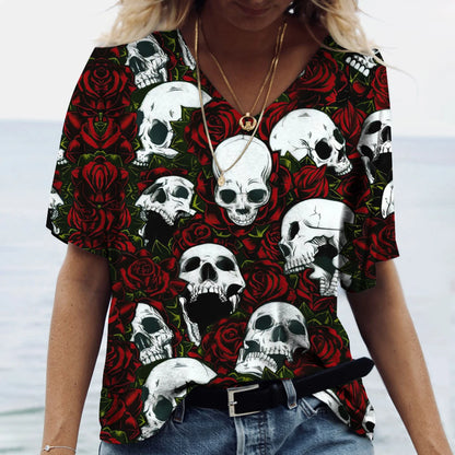 Skulls T-shirt Women's Shirt Fashion Short Sleeve New Casual Top Tee Ladies Girl Clothing V Neck T Shirt For Women