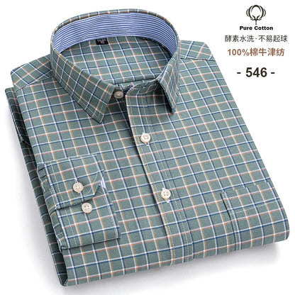 Men's Social Shirts Long Sleeve 100%Pure Cotton Oxford Buttoned Plaid Formal Male Casual Clothes Oversized Shirt Plus Size S-7XL