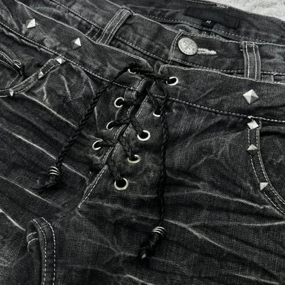 New retro double waisted lace up micro flared women pants streetwear Y2K washed high-quality design sense men and women jeans