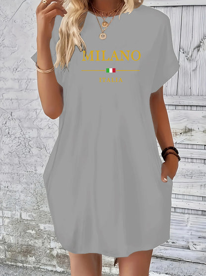 Ladies' summer loose MILANO ITALIA letter pattern printed round neck short sleeved pocket comfortable casual plus size dress