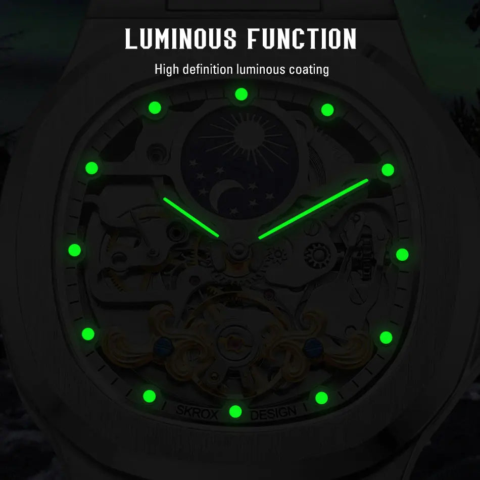2026 High-end Luxury SKROX Square Man Watch Sapphire Stainless Steel Skeleton Moon Phase Classic Automatic Movement Male Watches