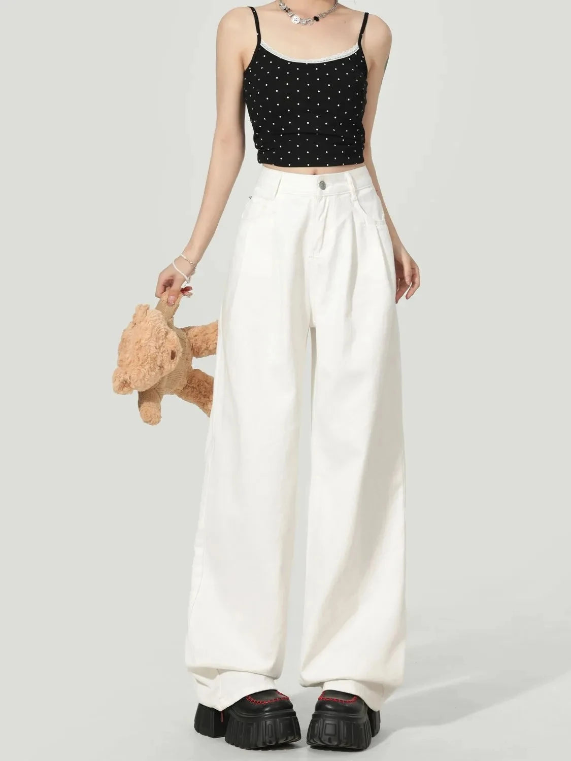 Y2K Korean Style Women's White High Waisted Wide Leg Jeans 2026 Spring Summer New Pleated Design Draped Casual Pants Streetwear