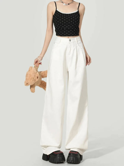 Y2K Korean Style Women's White High Waisted Wide Leg Jeans 2026 Spring Summer New Pleated Design Draped Casual Pants Streetwear