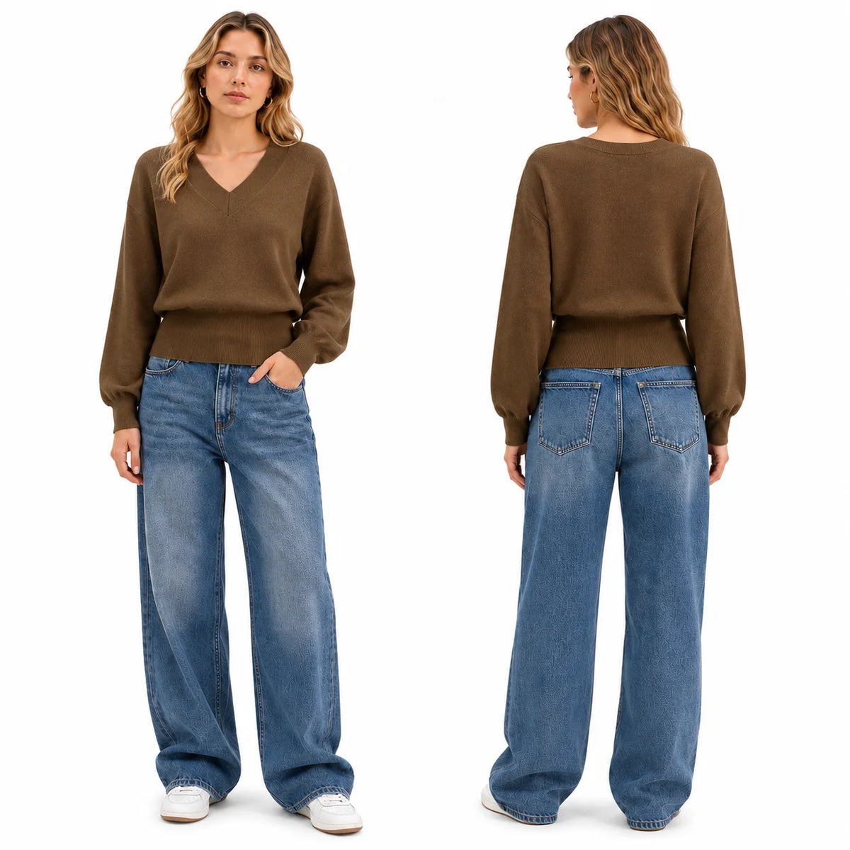Batwing Sleeve V‑Neck Sweater for Women, Dolman Long Sleeve Ribbed Hem Cropped Knit Pullover, Loose Fit Casual Soft Knitted Jumper for Daily Office Fall Winter