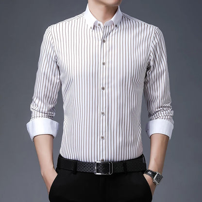 Men's pure cotton long sleeved shirt slim fit high-end light luxury 100 count striped heterochromatic collar wrinkle resistant