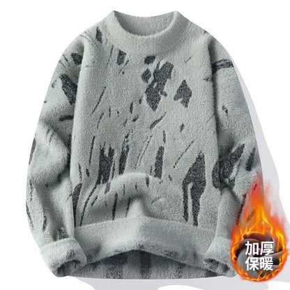 Winter Men's Thickened Fleece Sweater Irregular Jacquard Pattern Casual Round Neck Pullover Tops Striped Soft Knitted Sweaters