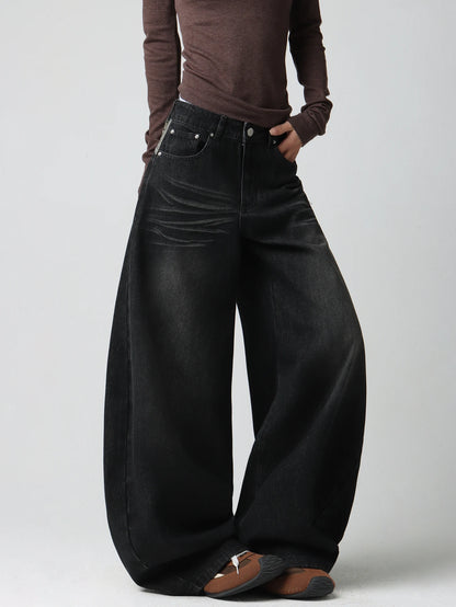 Women's American Vintage Applique Embroidery Design Black Loose Wide-Leg Jeans