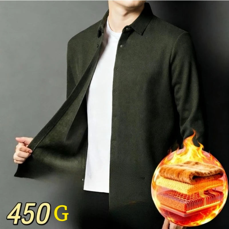 Men's Thermal Flannel Long Sleeves Shirt - Army Green (Black/Beige/Dark Green) 1.1% Cashmere | 450g Heavyweight Winter Warmth