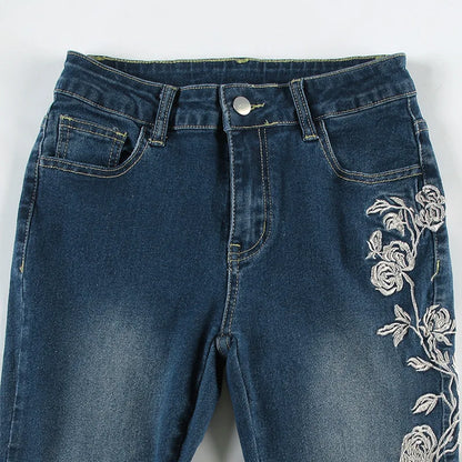 2026 Denim Trousers Y2K Flare Pants Jeans Women Embroidery Boot Cut Low Waist Washed Distressed Pockets Floor Length Streetwear