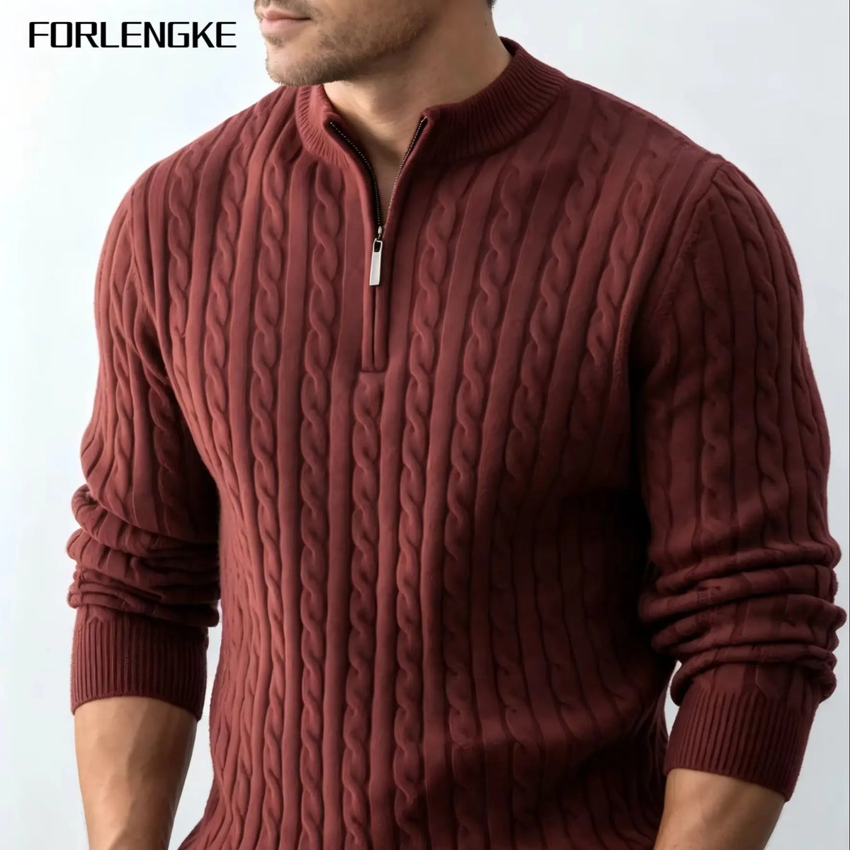 FORLENGKE Men's Business Casual Half Zip Mock Neck Cable Knit Sweater, Soft Warm Acrylic Long Sleeve Pullover for Fall Winter Of