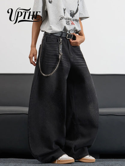 UP.THE Men's Black Baggy Wide Leg Jeans, Y2K Hip Hop Streetwear Denim Pants with Back Embroidery,
