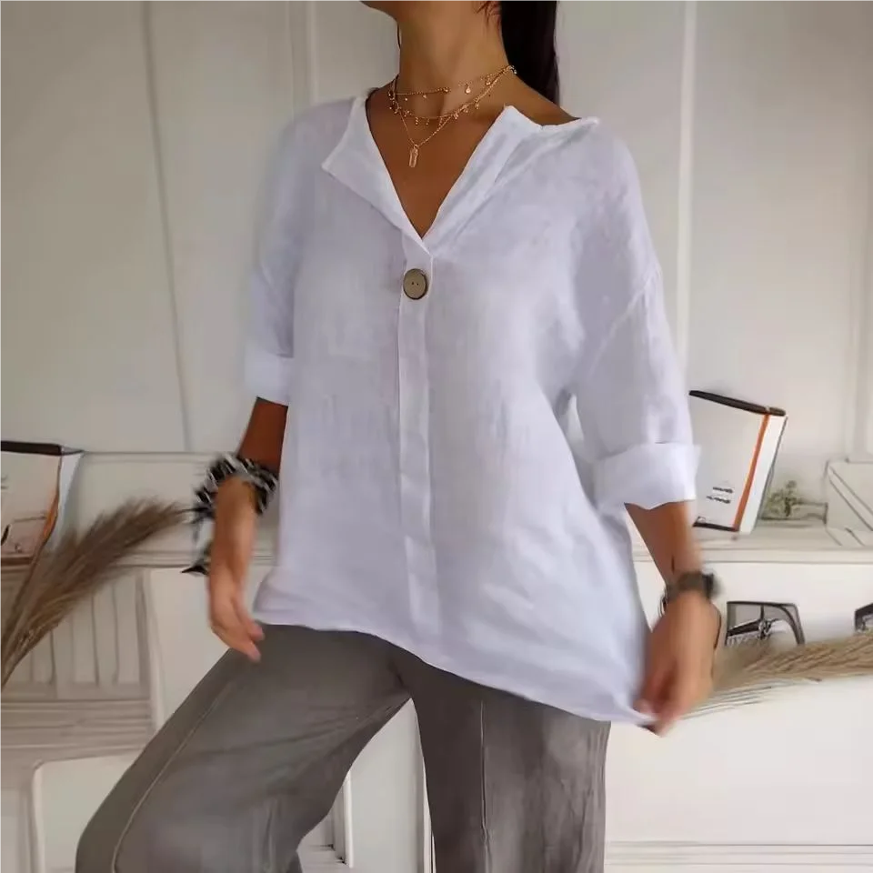 VEITCHE Spring Summer Women's Shirt Blouses Top V-neck Button Tee Shirts  3/4 Sleeve Casual Cotton Linen Top Loose Fit Pullover