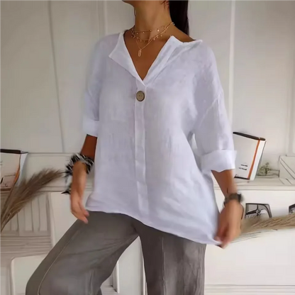 VEITCHE Spring Summer Women's Shirt Blouses Top V-neck Button Tee Shirts  3/4 Sleeve Casual Cotton Linen Top Loose Fit Pullover