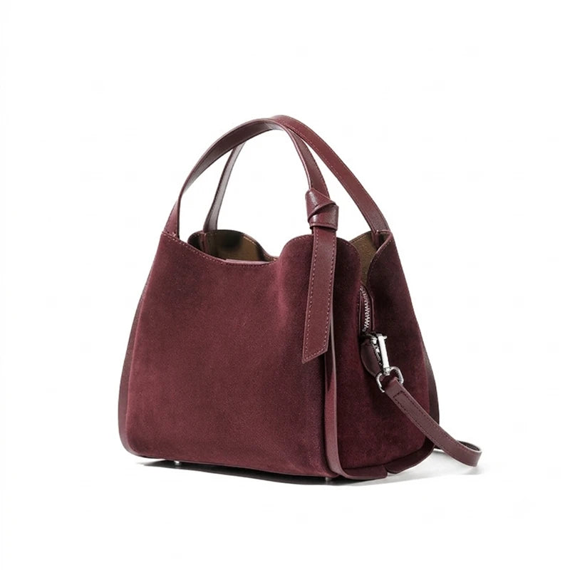 HIFASHION Luxury Genuine Leather Suede Bucket Bag For Women Vintage Top Handle Handbags Office Work Shoulder Crossbody Purses