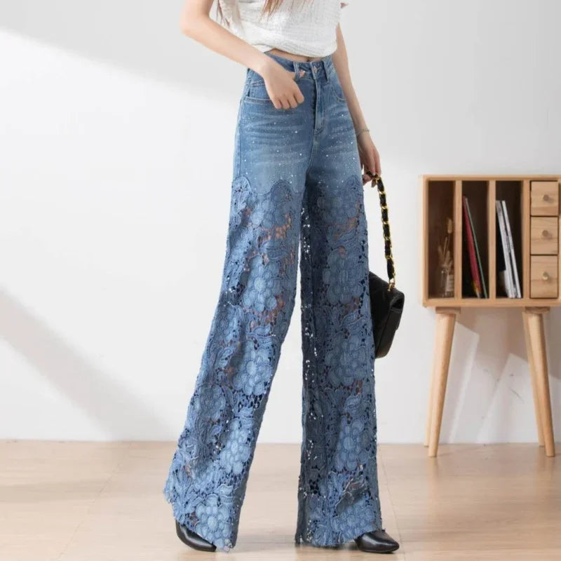 New Fashion Vintage Hollow Out Lace Flowers Lady Jeans Loose Straight Denim Pants High Street Elegant Summer Trousers Chic Pant