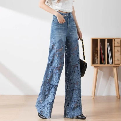 New Fashion Vintage Hollow Out Lace Flowers Lady Jeans Loose Straight Denim Pants High Street Elegant Summer Trousers Chic Pant