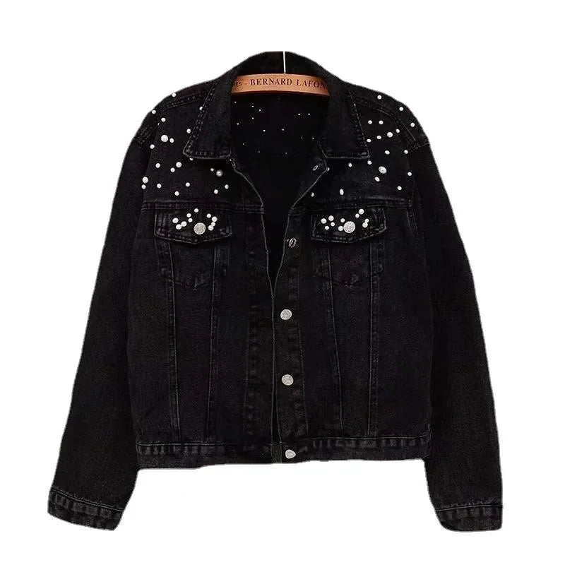 Blue Black Denim Jacket Woman Denim Coat Turn Down Collar Single Breasted Beaded Pearl Loose Casual Regular Short Jacket