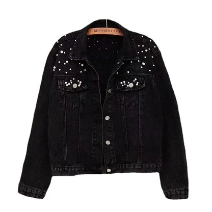 Blue Black Denim Jacket Woman Denim Coat Turn Down Collar Single Breasted Beaded Pearl Loose Casual Regular Short Jacket