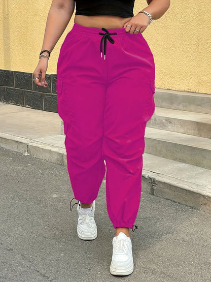 Women's Casual Streetwear Pink Cargo Pants Loose Drawstring Waist Jogger Trousers Plus Size Trendy  Spring Summer Fashionable