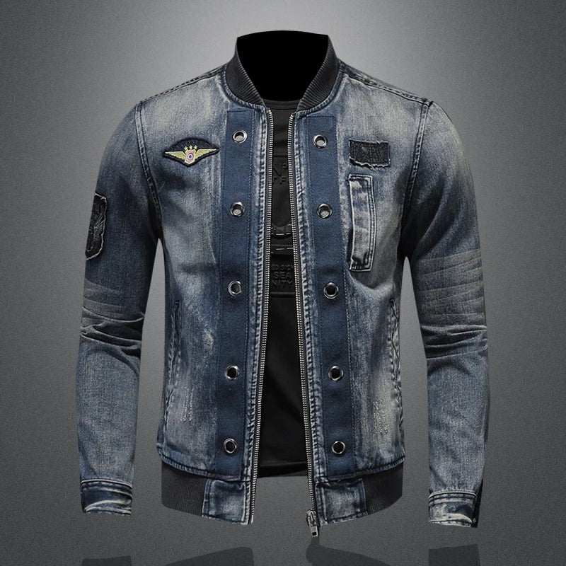 Men's High-Quality Personalized Baseball Collar Jeans Fashion Handsome Trendy Zipper Jacket