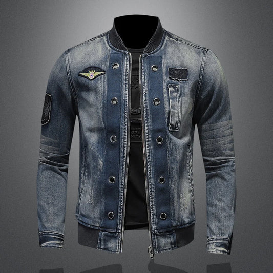 Men's High-Quality Personalized Baseball Collar Jeans Fashion Handsome Trendy Zipper Jacket