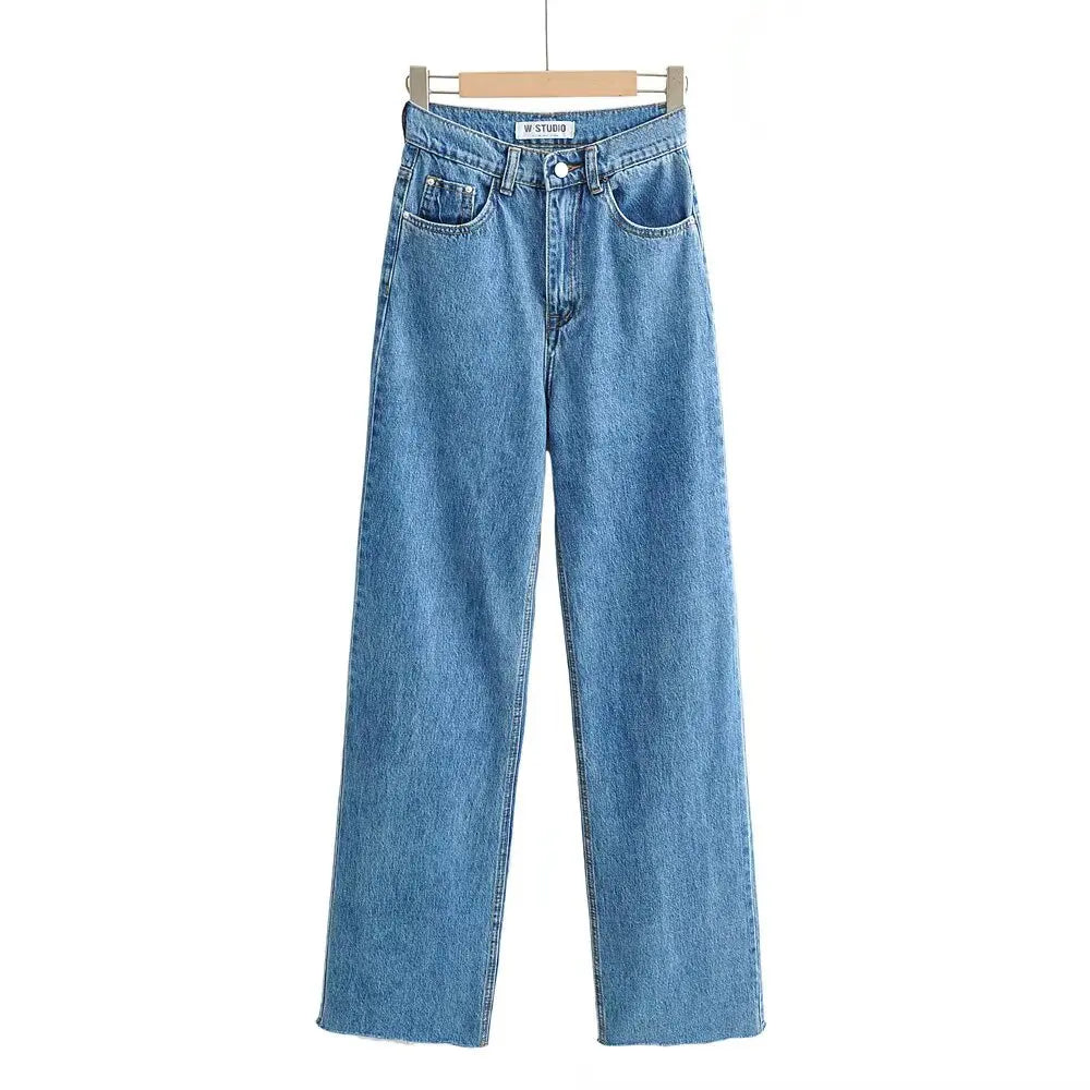 Women's High Waist Jeans 2025 Spring Fall Relaxed Straight Leg Raw Hem Floor-Length Vintage Inspired Daily Uniform