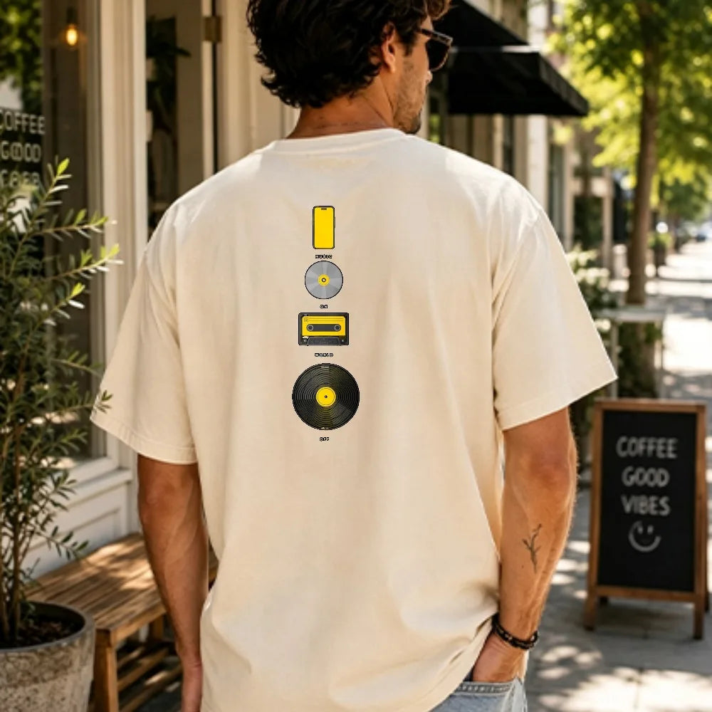 Music Evolution Media Vertical Graphic T-Shirt Men Back Print Cotton Short Sleeve Vinyl Cassette CD Phone Nostalgia Casual Tee