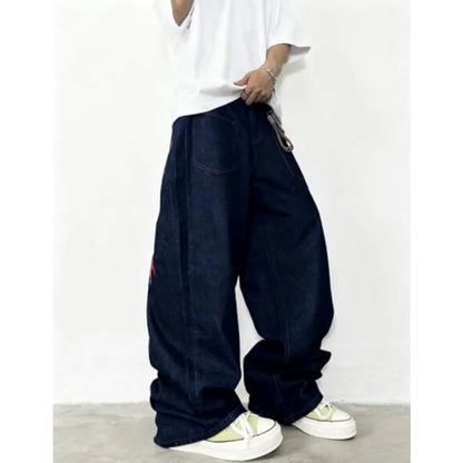 Mens Baggy Jeans Embroidery Pattern Denim Trousers Wide Leg Denim Pant Loose Fit Skater Jeans Streetwear Clothing