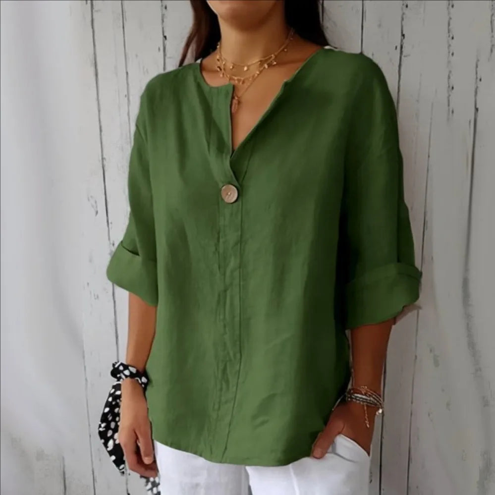 VEITCHE Spring Summer Women's Shirt Blouses Top V-neck Button Tee Shirts  3/4 Sleeve Casual Cotton Linen Top Loose Fit Pullover