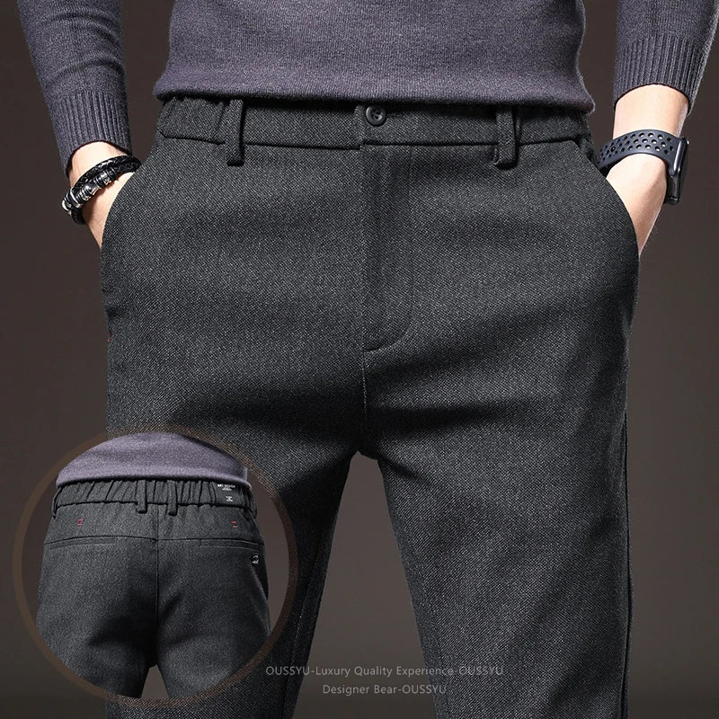 Good Quality Autumn Casual Pants Men Business Slim Elastic Waist Stretch Work Brushed Fabric Blue Trousers Male Brand Clothes