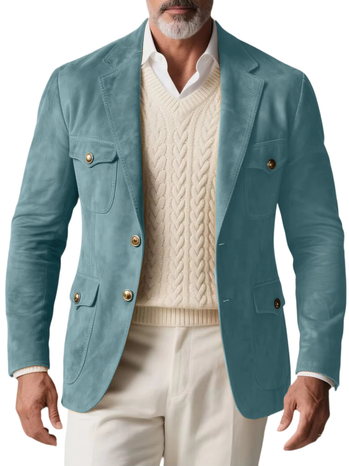 1970s Men's Suede Blazer Retro Slim Fit Two Buttons Multi Pocket High Quality Jacket Fashion Casual Sport Coat For Daily Wear