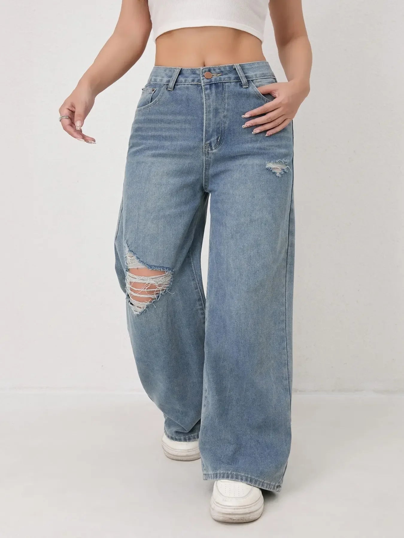 Trendy Wide Leg Distressed Straight Jeans for Women Elastic Casual Bootcut Denim Pants Bestseller Fashionable Ladies Jeans