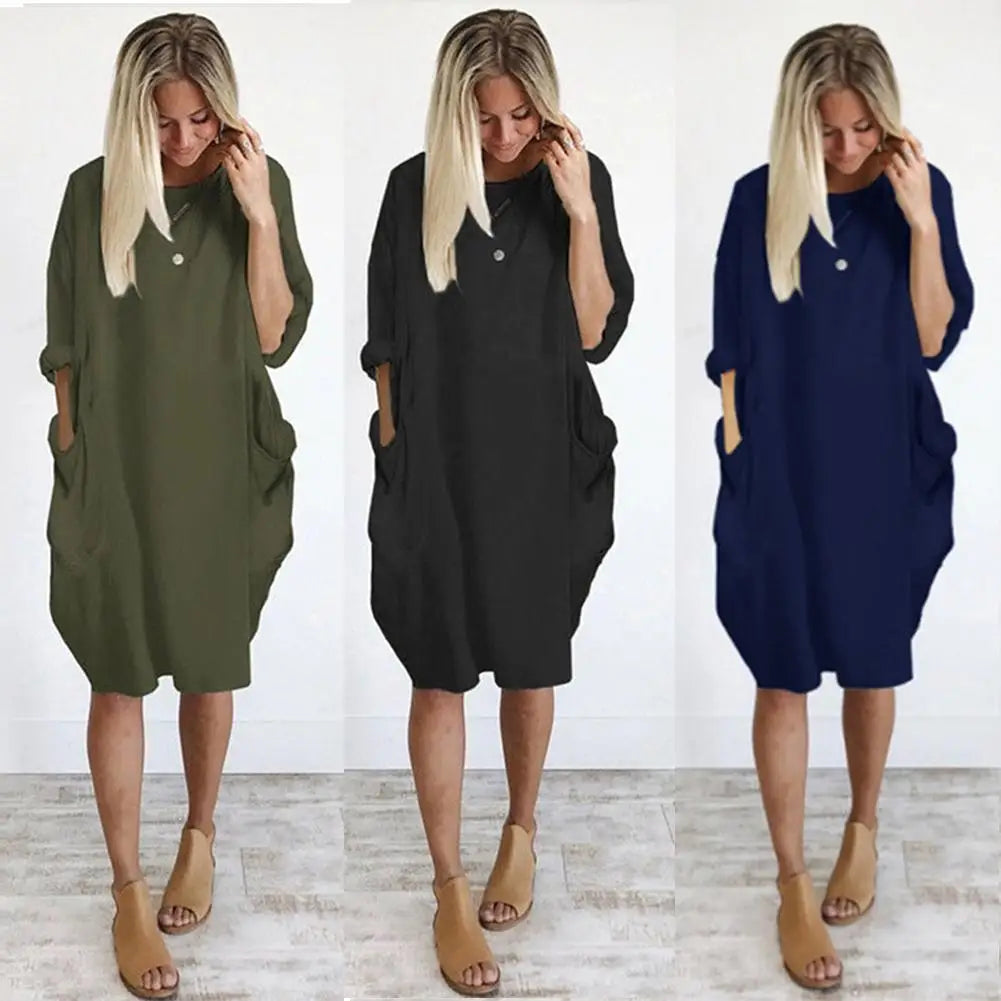 Women's summer casual fashion loose plus size solid color multi-color optional round neck long sleeved dress