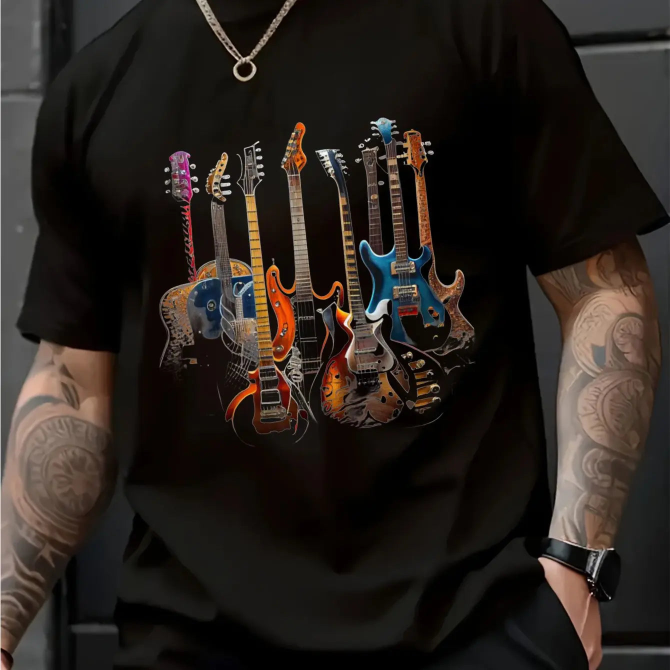 Guitar T-Shirt Cotton Men Casual T-Shirt Short Sleeve Round Neck Vibrant Electric Guitar Design Perfect Gift for Music Lovers