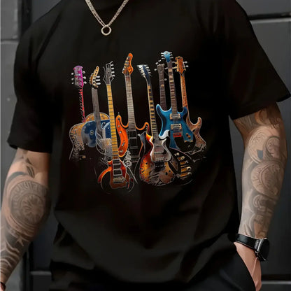 Guitar T-Shirt Cotton Men Casual T-Shirt Short Sleeve Round Neck Vibrant Electric Guitar Design Perfect Gift for Music Lovers