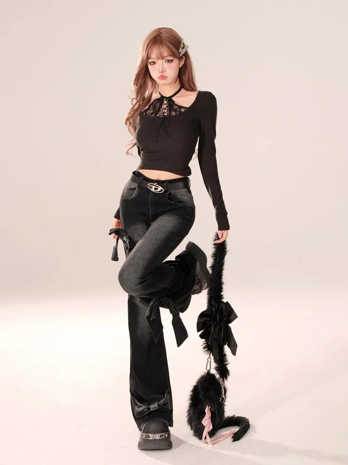 New Women Black Gothic Bow Flare Jeans Harajuku Aesthetic Y2K Denim Trousers High Waist Cowboy Pant Vintage 2000s Trashy Clothes