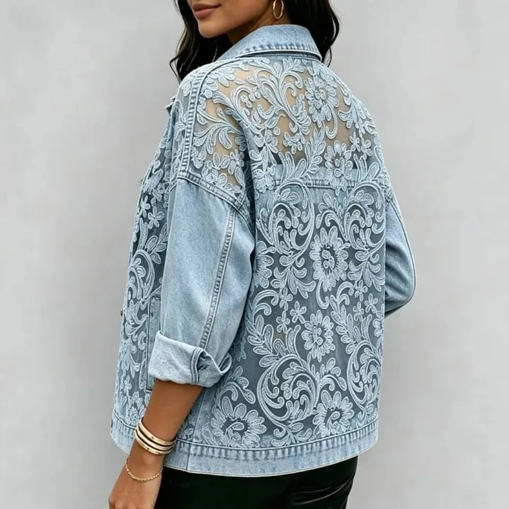 Women's See-Through Floral Lace Embroidered Patchwork Denim Long Sleeve Jacket Casual Streetwear Short Outerwear for Spring Fall