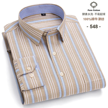 Men's Social Shirts Long Sleeve 100%Pure Cotton Oxford Buttoned Plaid Formal Male Casual Clothes Oversized Shirt Plus Size S-7XL