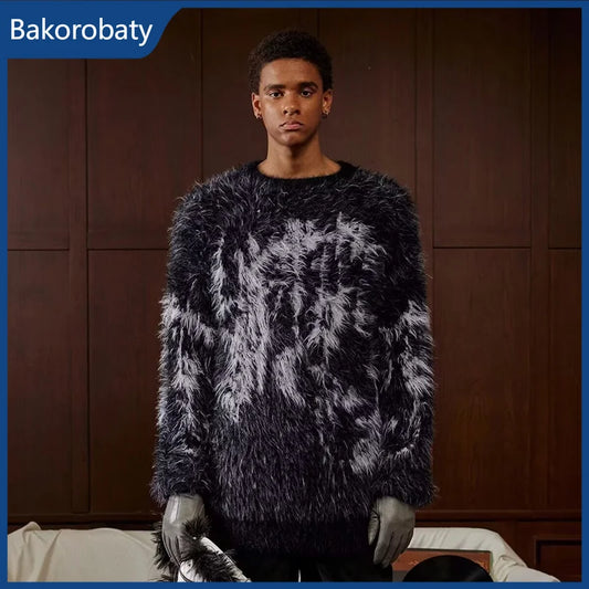 New Gothic Jacquard Crewneck Knitted Sweater For Man Retro Fluffy Warm Long Sleeve Pullovers Jumpers Y2K Streetwear Knitwear