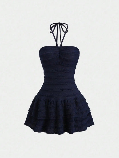 Ladies Solid Color High Elastic Fabric Backless Neckline Mini Skirt with Hem Ruffle Design Elegant Casual Style