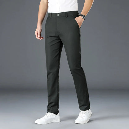 2025 New Men's Business Casual Straight Pants Micro Elastic Burgundy Khaki Black Classic Fashion Brand Four Seasons Trousers