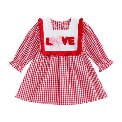 Baby Girl Valentine s Day Dress Red Heart Print Long Sleeve Square Neck Plaid Dress Holiday Outfit Toddler Princess Costume