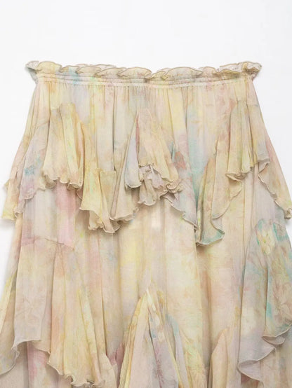KONDALA Vintage Flower Print Long Skirts High Waist Ruffles Chiffon Skirts Fashion 2025 Autumn Boho Holiday Party Skirts