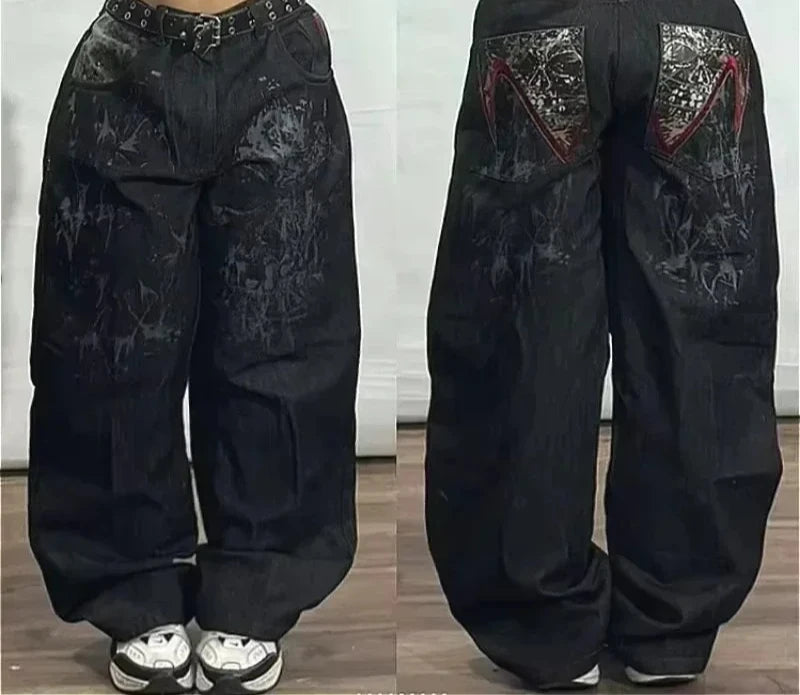 Street Fashion Trend Skull Embroidered Jeans Women Straight Wide-leg Pants Couple Casual Jeans