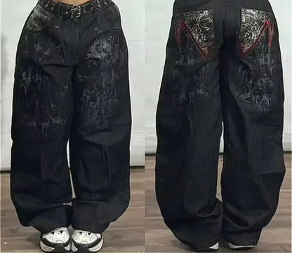 Street Fashion Trend Skull Embroidered Jeans Women Straight Wide-leg Pants Couple Casual Jeans
