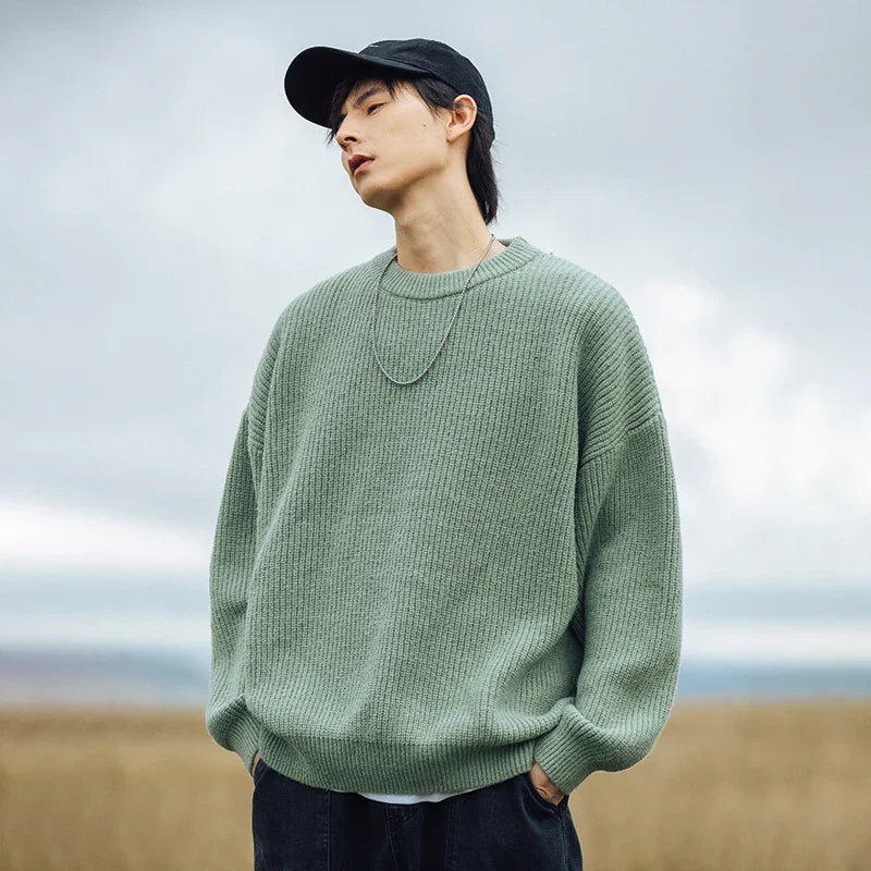 TFETTERS Brand Black Knitwear for Men Baggy 2026 Winter New Polyester Japan Sweaters Male Retro O Neck Classics Couples Clothing
