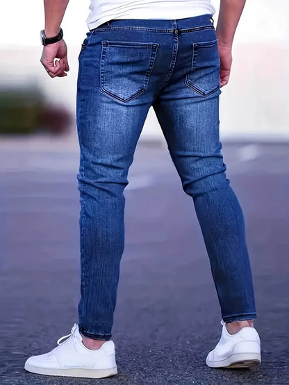 Men's Slim Fit Stretch Denim Jeans with Ripped Detail & Contrast Stitching,