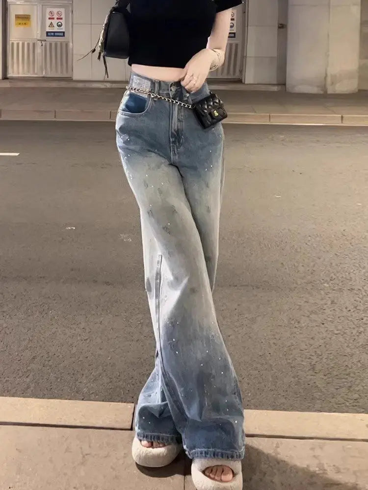 Blue Womens Jeans High Waist Shot Denim Pants for Women Straight Leg Trousers Stylish Wholesale Medium Wash Trend 2025 Original