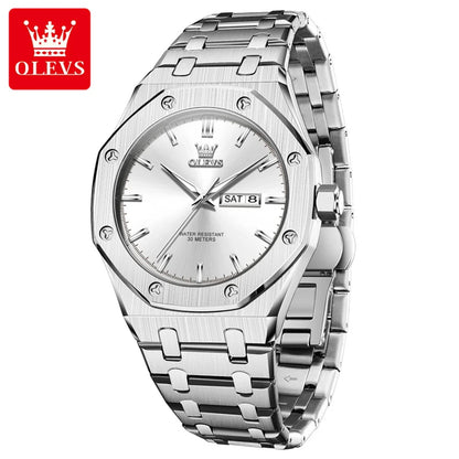OLEVS Watches For Men Stainless Steel Strap Waterproof Luminous Dual Calendar Business Wristwatch Original Quartz Man Watch 3726